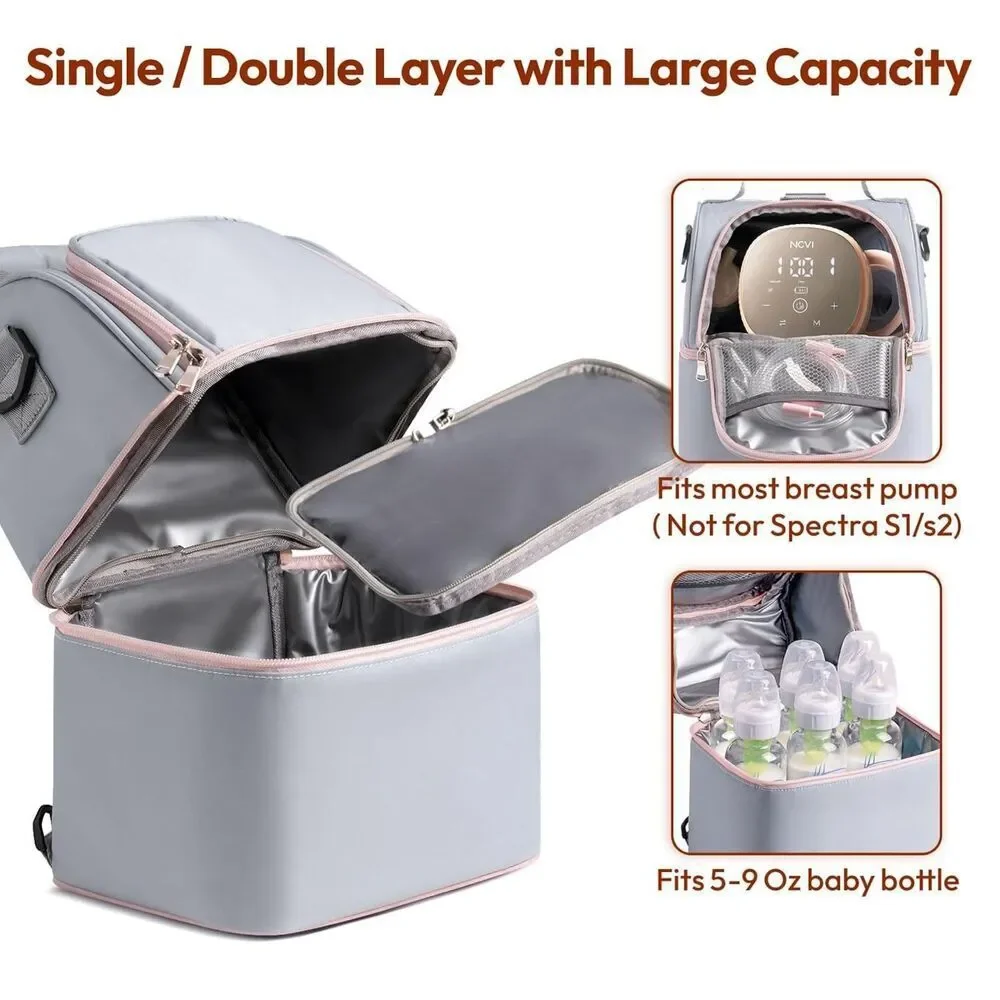 NCVI Breastmilk Cooler Bag 2 Ice Packs Holds 6 Bottles Double Layer Grey Pink